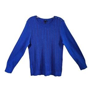 TALBOTS Women L Sweater Cable Knit Royal Blue Shoulder Buttons Long Sleeve 42"